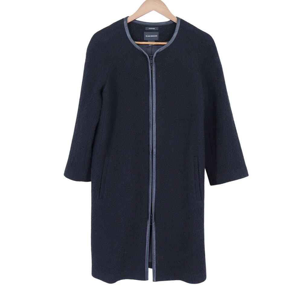 Club Monaco Gabita Wool Coat Black Collarless Full Zip Longline Women's XS